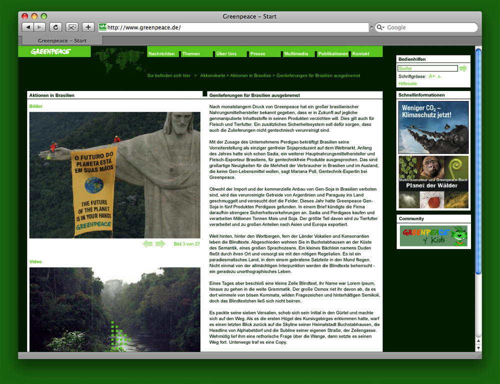 Entwurf für das Redesign der Greenpeace Webseite